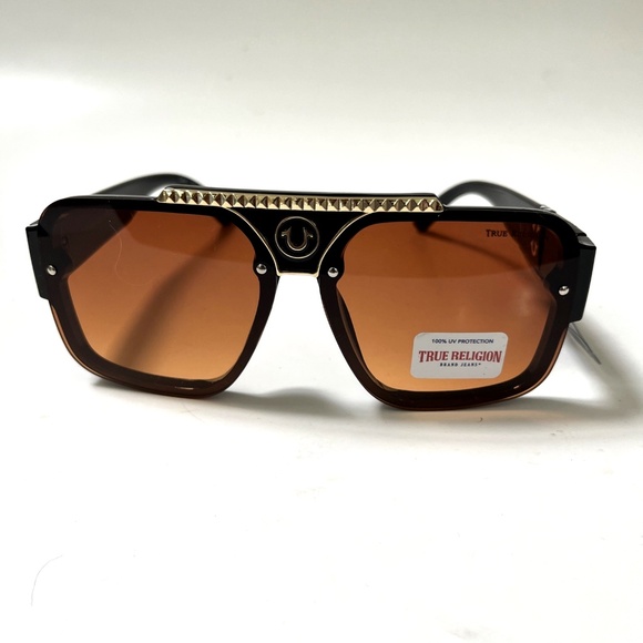NWT Original TRUE RELIGION Square Sunglasses High Bridge Acetate Black BrownGold - Picture 2 of 6